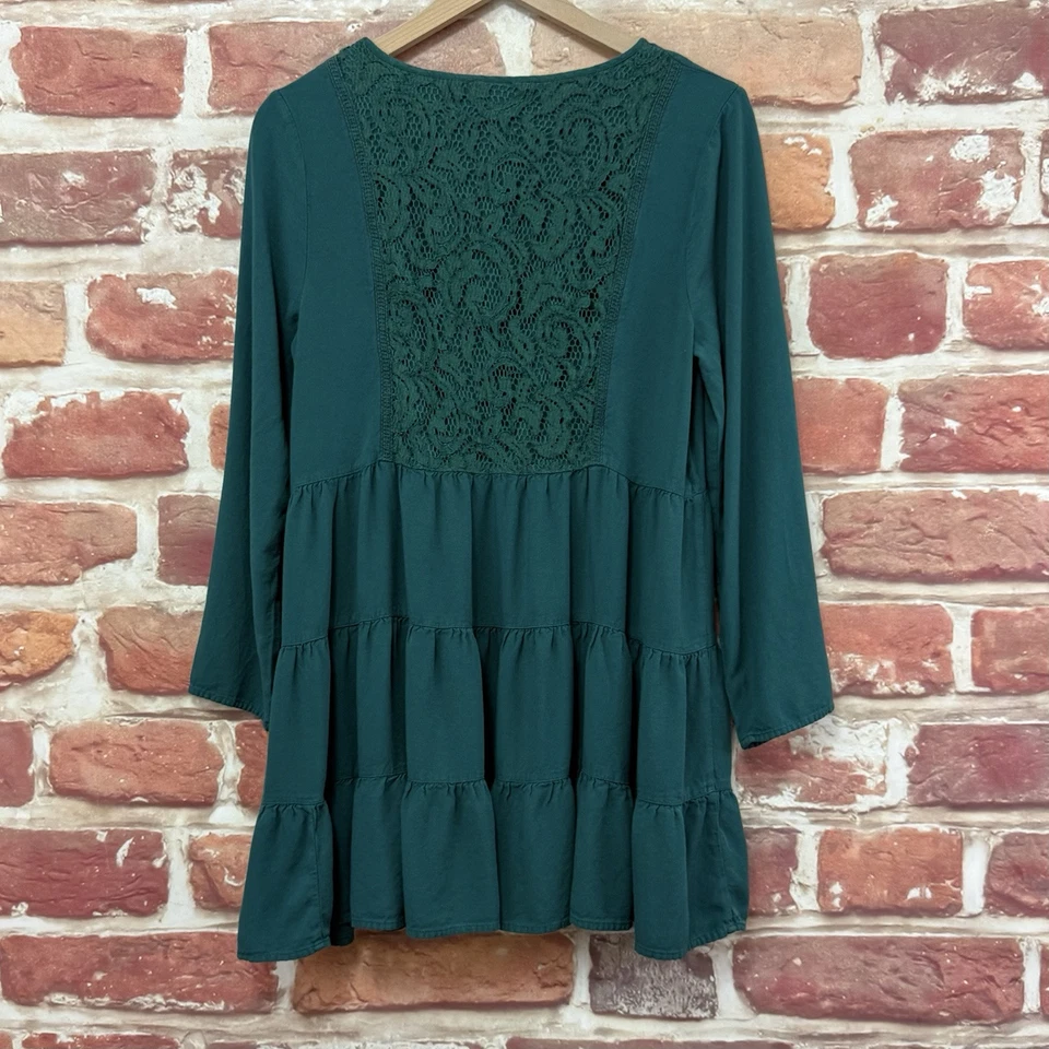 Francescas Blue Rain Dress Womens Medium Green Floral Lace Accent Back Popover - Image 2 of 4