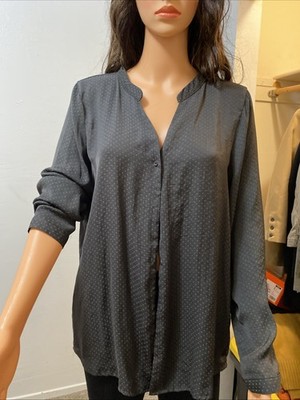 H&M Long Sleeve V-Neck Button Up Silk Shirt, Size Small And A Black W/ Gray Dots