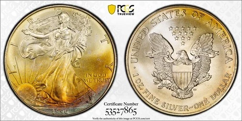 1996 American Silver Eagle Rainbow Toned - PCGS MS67 Rainbow Toned - A382