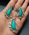 Natural Peridot Blue Agate Gemstone Earrings Pendant Set Sterling Silver Jewelry