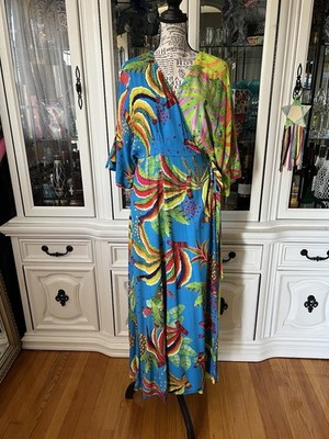 FARM Rio Spring Bananas Print Blue Green Wrap Maxi Dress S