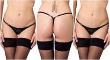 P014 Noir Handmade Dominae PVC-Slip mit silberner Schließe String Tanga Dessous