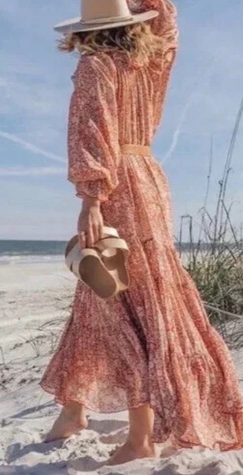 Maxi Vestido Free People Feeling Groovy Estampado Floral Talla M En Niveles Fluido Volantes Boho Foto 3 de 4