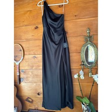 Lulus Signature Elegance Black Satin One-Shoulder Maxi Dress Gala Holiday Small