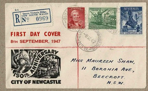 Australia 1947 Smyth Newcastle FDC Cover Registered Queen Victoria Bldgs NSW