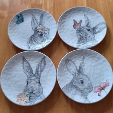 Pier 1 "Hello Spring" Salad Plates (4) Bunnies & Flowers Earthenware 9"