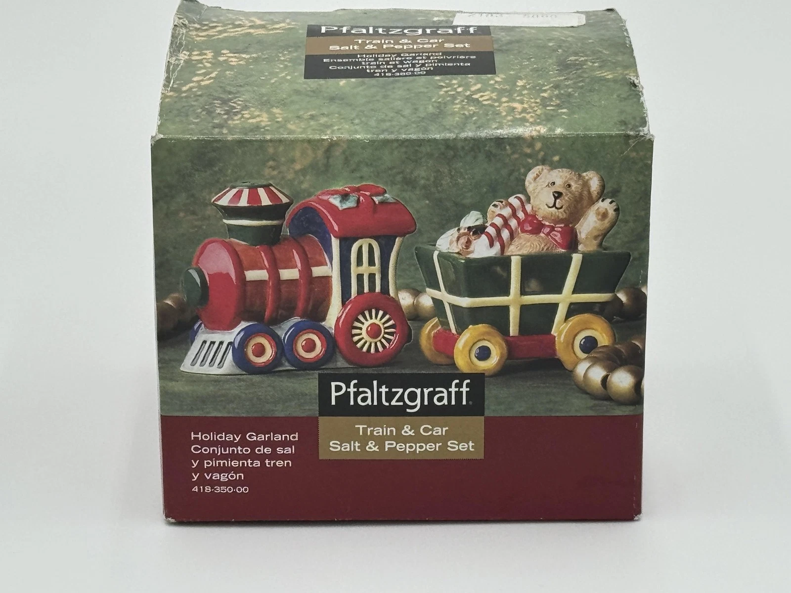 PFALTZGRAFF HOLIDAY GARLAND TRAIN & CAR SALT & PEPPER SHAKERS SET BOX 418-350-00
