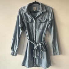 Guess Denim Shirt Dress Womens S Long Sleeve Button Down Belted 100% Cotton