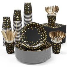 Black and Gold Party Supplies - 350 PCS Disposable Dinnerware Set - Black Pap...