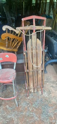 Vintage Wooden Sled w/ Metal Runners, Pull Rope, Red Runner Accents 1pc