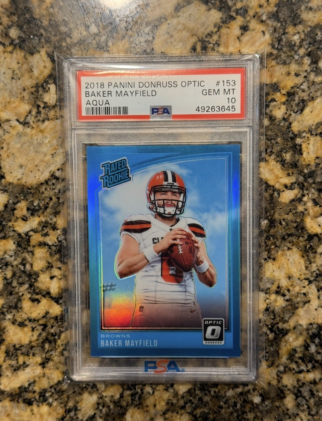2018 Donruss Optic Baker Mayfield Rated Rookie Aqua #’d /299 - PSA 10 Gem Mint