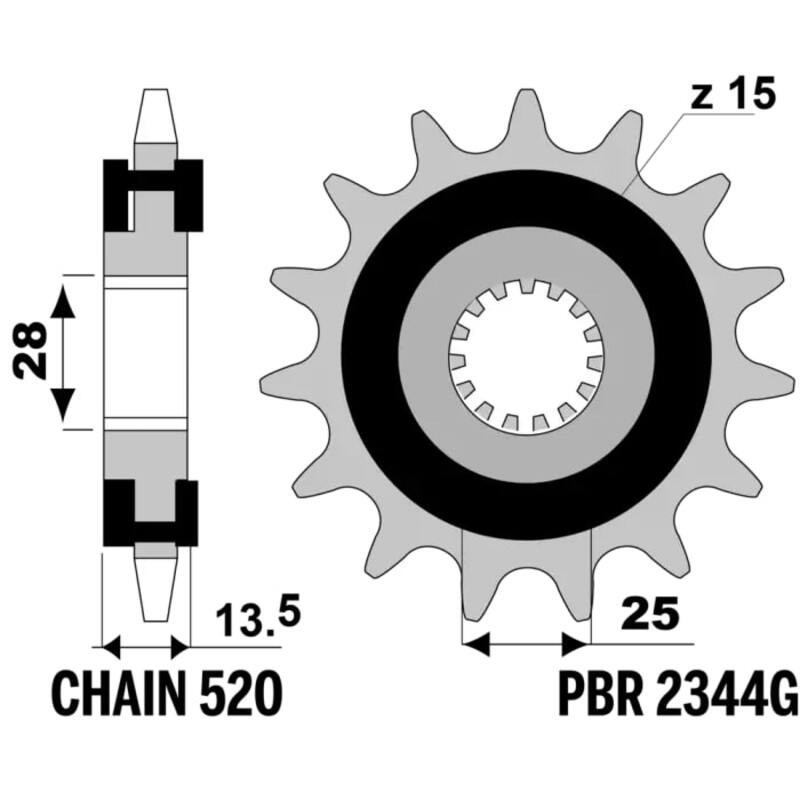 Pignon PBR acier antibruit 2344 pas 520 réduction des vibrations