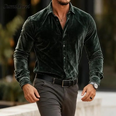 Stylish Velvet Shirts Mens Long Sleeve Button-up Turn-down Collar Casual Shirt