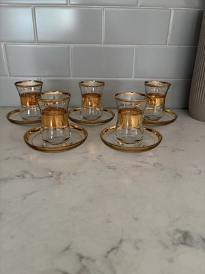Set of 5 Vintage Pasabahce Turkish Tea Cup & Saucer Sets with Gold Rim (10pcs) 