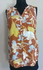 Cynthia Rowley Linen Blend Hawaiian Floral Print Button Up Sleeveless Top Size L