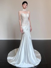 Wedding Dress Sexy Lace Applique Beading Pearls Sweep Train Satin Wedding Dress