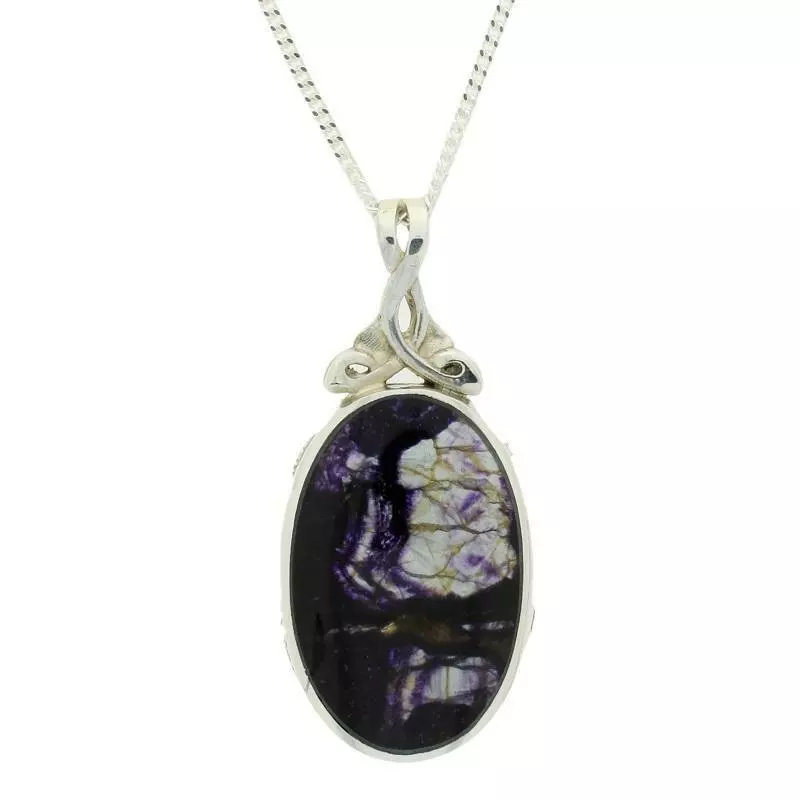 Blue John Pendant and Chain Sterling Silver Large Oval Reversible