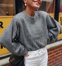 Zara AW18 Fringed Beaded Sweater Knitwear Grey Ref 9598/114 NWT