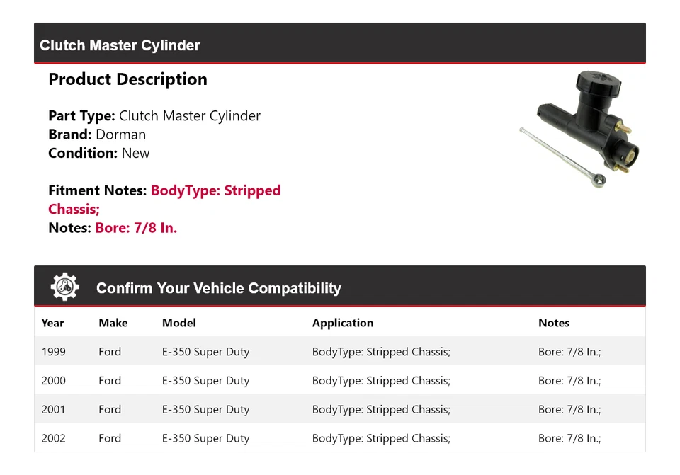Cilindro maestro embrague Dorman 2000 2001 para Ford E-350 Super Duty 1999-2002 Foto 2 de 4