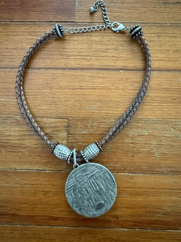Chicos Brown Leather Large Pendant Modern Art Deco Style Statement Necklace - Picture 6 of 10