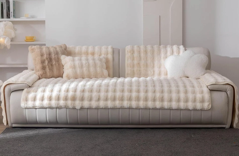 Luxury Thick Faux Fur Plush Couch Cover Ultra Soft Anti-Slip Sofa Cover Fluffy F - Image 2 of 4