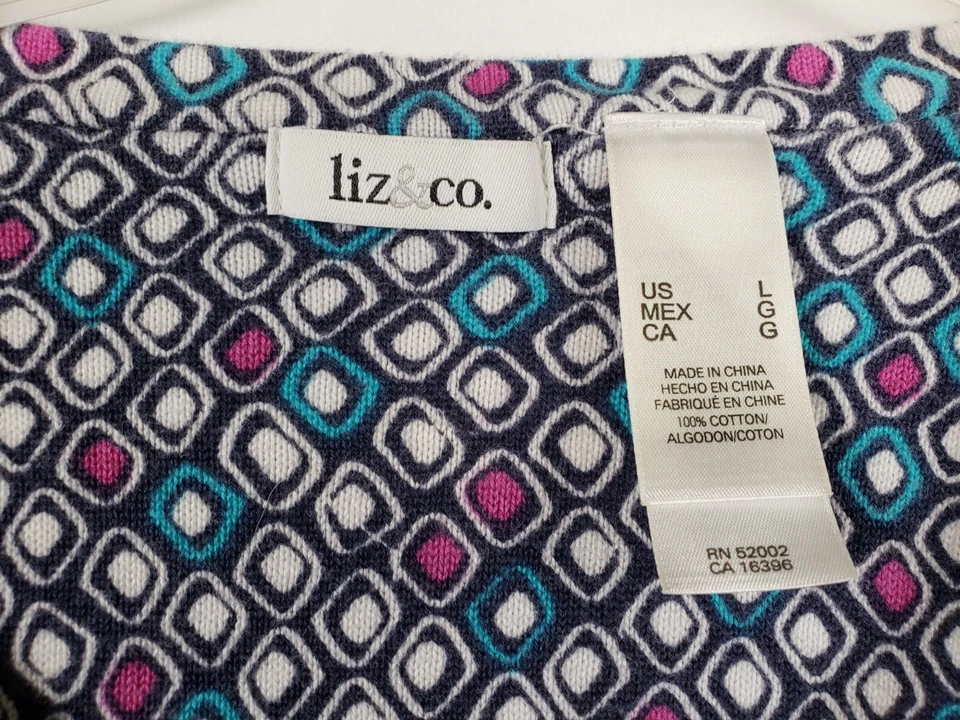Cárdigan geométrico turquesa magenta cuello redondo talla grande Liz & Co. para mujer Foto 3 de 4