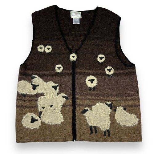 VTG 1999 Susan Bristol Sheep Sweater Vest Shetland Wool Large Brown Lambs *Holes - Afbeelding 1 van 14