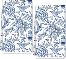Anydesign Chinoiserie Floral Kitchen Towels Blue White Flowers Bird Dish Towels 
