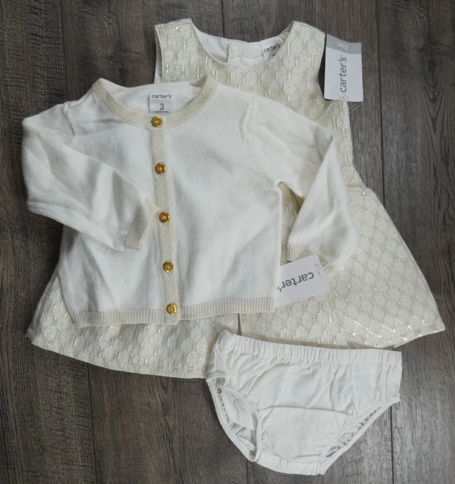 Baby Girl Clothes New Carter's 3 Month 3pc Gold Sparkle Dress Bloomers Sweater - Image 2 of 4
