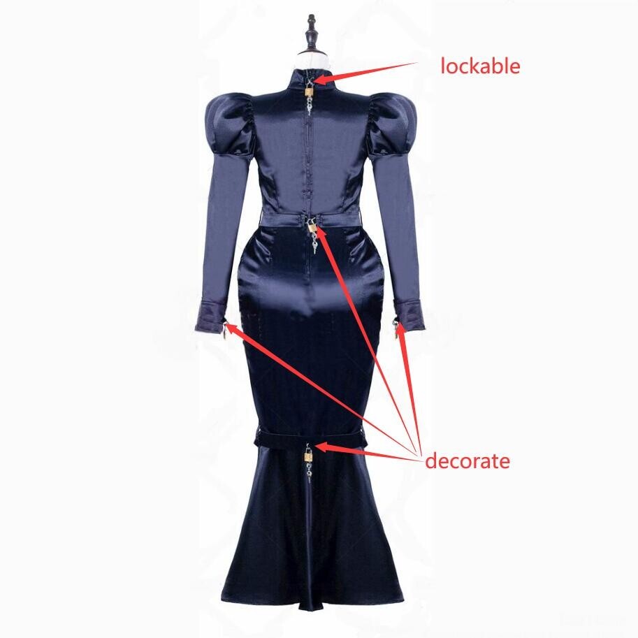 Sissy girl maid lockable Black satin Fishtail Dress Cosplay Costumes ...