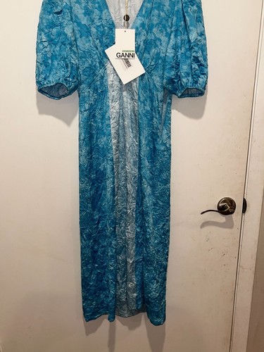 Neu mit Etikett Ganni blau Puffärmel Ganni gekräuselte Satin Midikleid Damengröße 36/4 - Bild 4 von 13