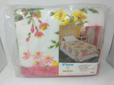 Beacon Flora Pink Yellow Floral Flowers Satin Trim Blanket Twin Size 72 x 90 VTG
