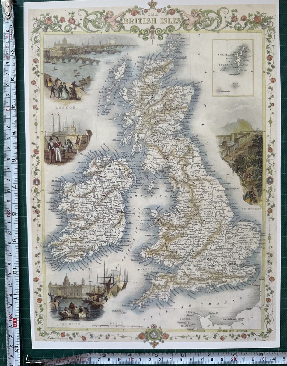 Old Antique Victorian picture map, British Isles Britain 1800's