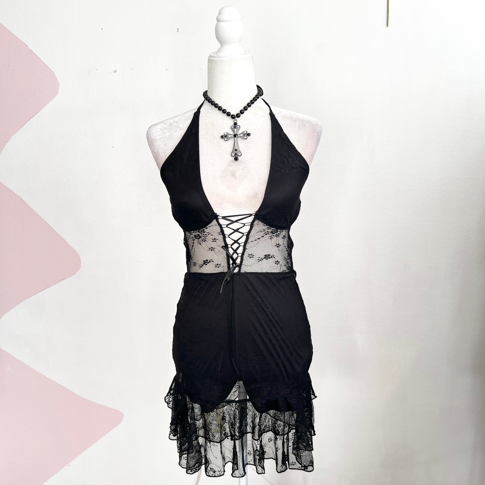 Black Mesh Babydoll Dress Sheer Y2K 2000s Grunge Goth Vampire Small