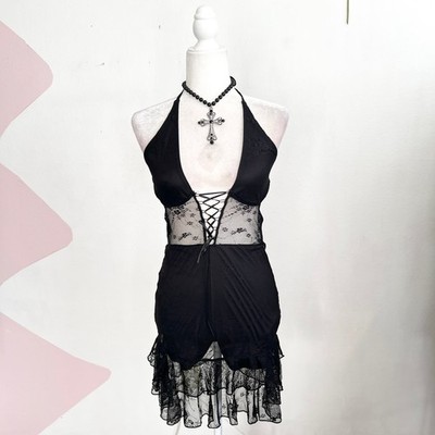 Black Mesh Babydoll Dress Sheer Y2K 2000s Grunge Goth Vampire Small