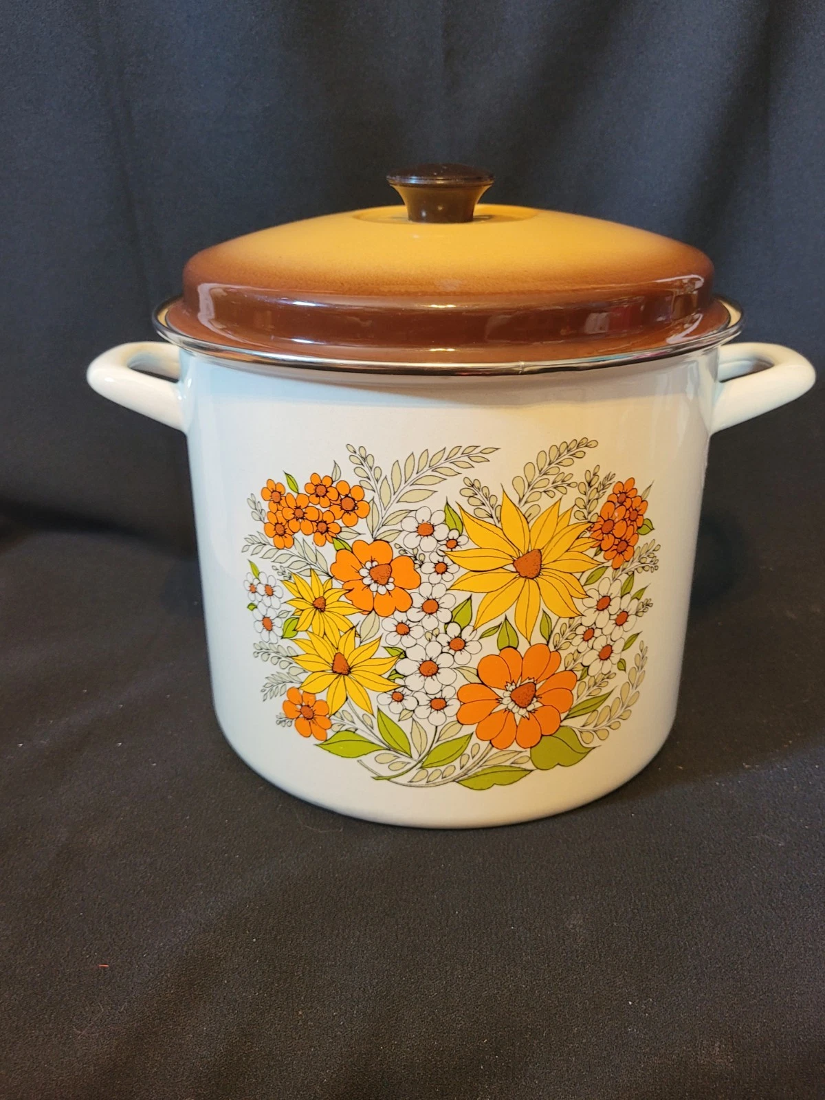 MCM Porcelainware Enamelware 5 quart Flowers Double Handle Pot General Houseware