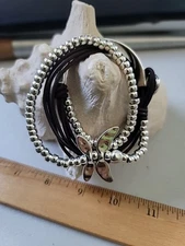 Silver plated  Dragonfly Wrap Cuff Bracelet Uno De 50 Style Black Leather