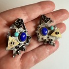 Rare Vintage Cubist Art Earrings Signed Carol Adams 925 Silver Lapis Turquoise — photo 1