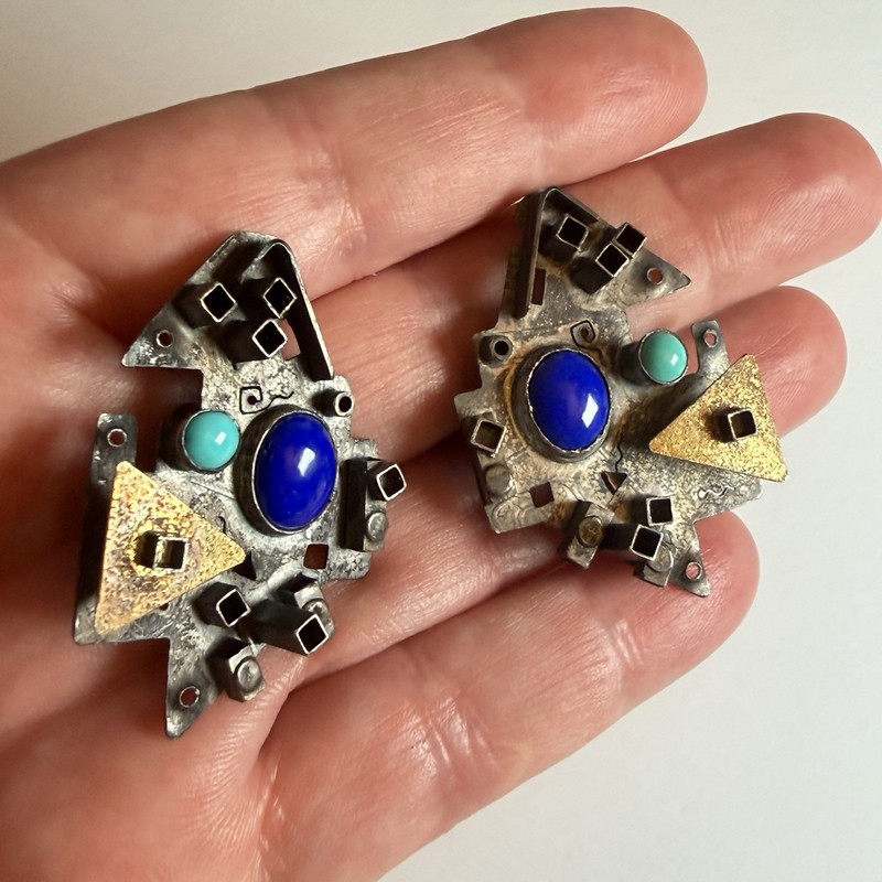 Rare Vintage Cubist Art Earrings Signed Carol Adams 925 Silver Lapis Turquoise