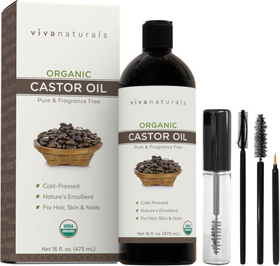 Organic Castor Oil, Cold-Pressed, 16 Fl Oz   for Face, Hair, Eyelashes, USDA Org