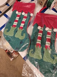 2 New With Tag Christmas Stockings set of 2 Elf Dangling feet