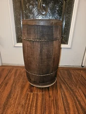 Antique Primitive Wood, Metal Band & Wire Nail Keg W/Castors-Very Good