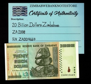 Zimbabwe 20 Billion Dollars Replacement Banknote 2008 COA Authentic ZA0014664