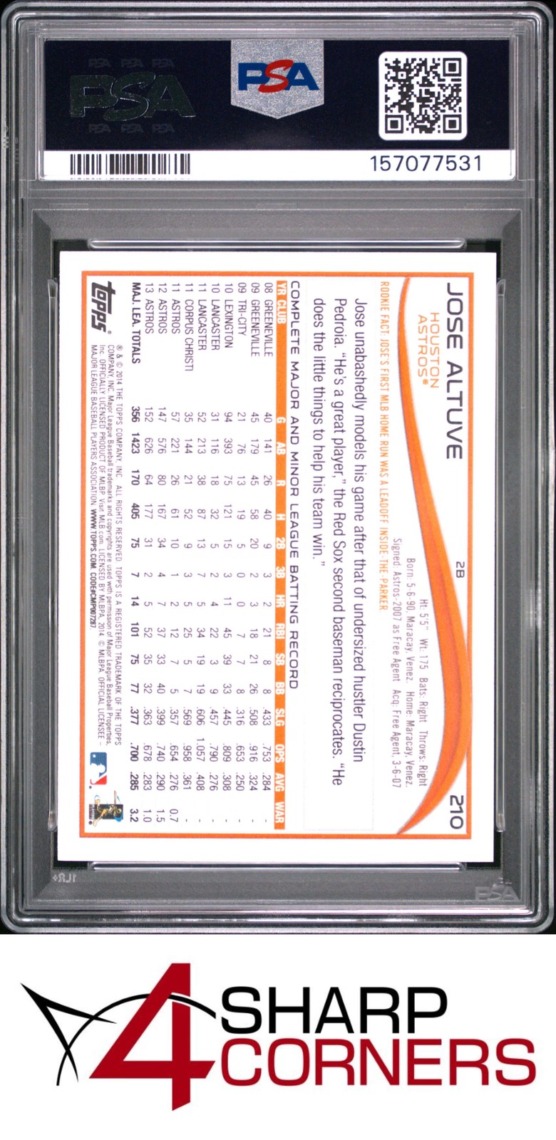 2014 TOPPS #210 JOSE ALTUVE-MIKE TROUT PSA 10 view 2