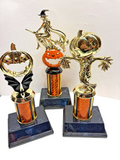 Halloween Trophy Set of 3 Pumpkin scarecrow Witch ,Black Gold Orange colors