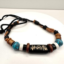 Vintage 90s Tribal Beaded Cord Bracelet Blue Black Stone Wood Boho Jewelry Y2K