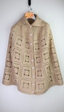 Vintage handmade fold down collar he open knit poncho in butterscotch OSFM