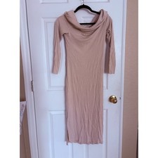 SHIEN Beige Ribbed Midi Dress Medium Long Sleeve Bodycon Stretch NWOT