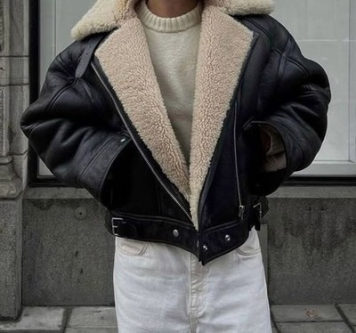 Men s Black Shearling Leather Aviator Jacket B-3 Bomber Style