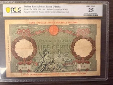 Rare Banknote, Italian East Africa 1938, 100 Lire, PCGS Graded